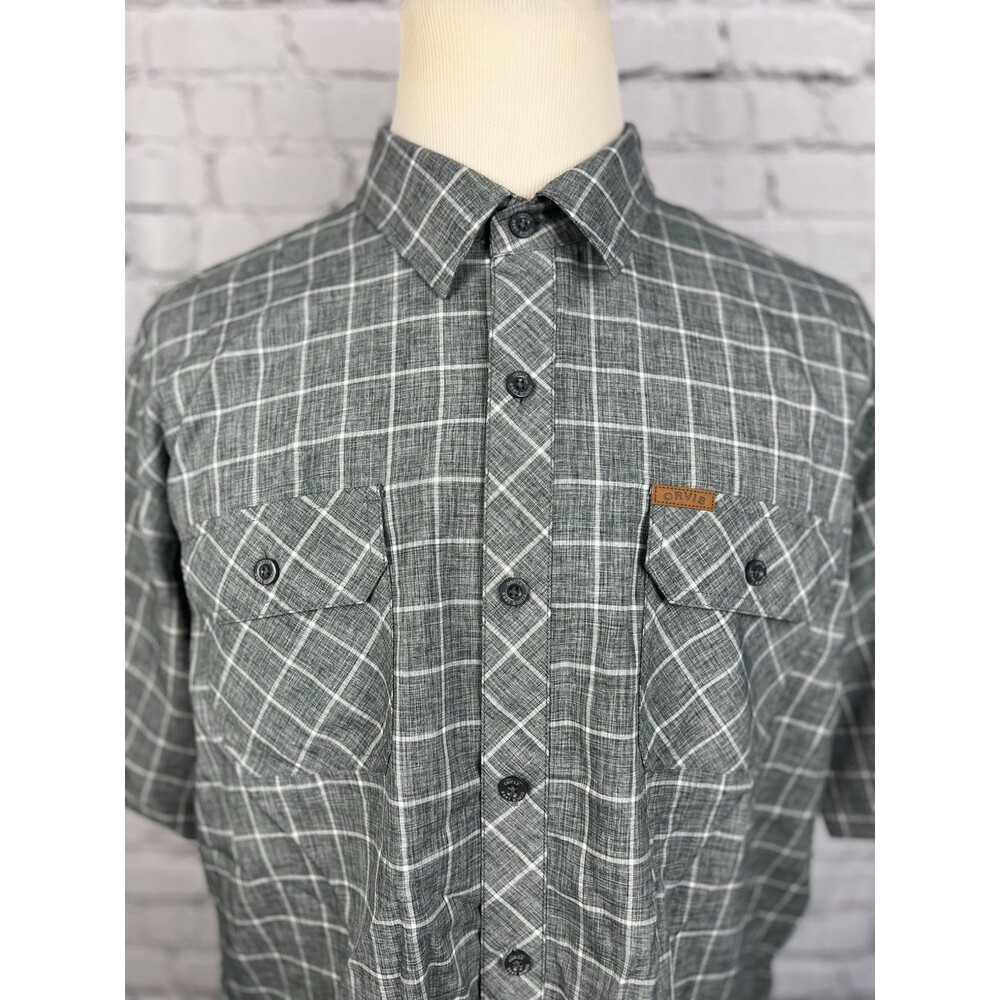 Orvis Men's XL 100%Polyester Wicking Outdoors Shirt Window Check Gray Pockets